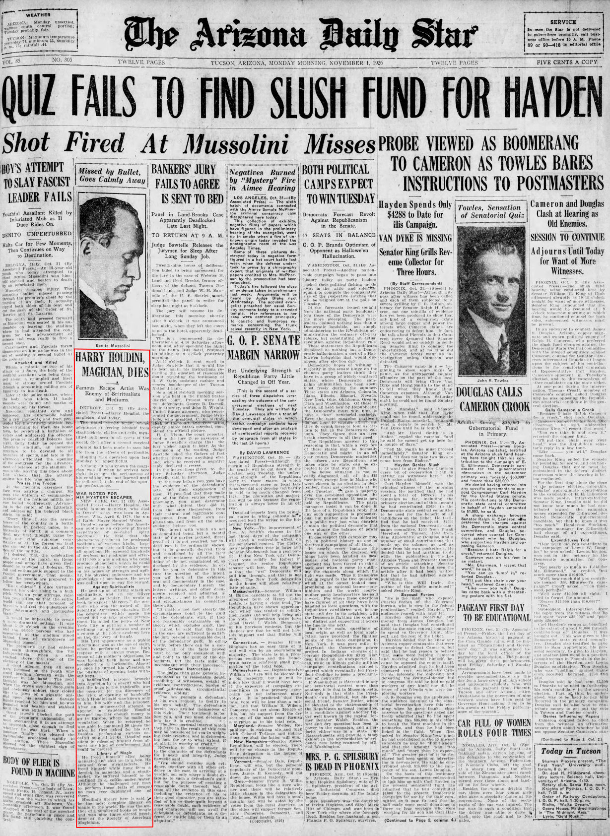 Nov. 1, 1926: Harry Houdini is dead